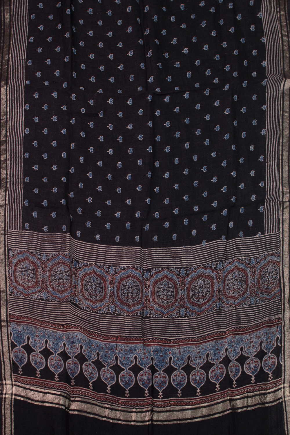 Blue Lotus on Black Ajrak Linen Dupatta - Image 3