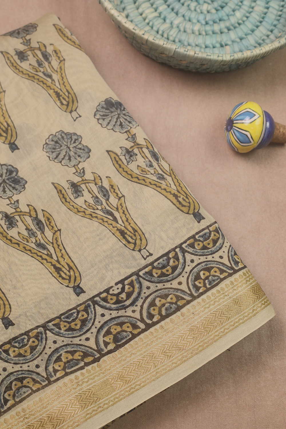 Indigo Floral on Cream Ajrak Maheshwari Saree