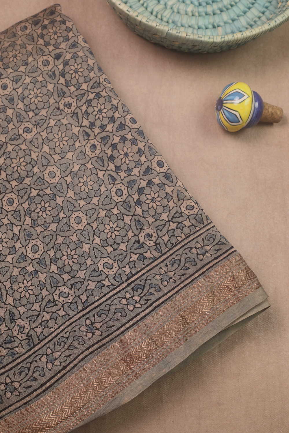Grey Patterned Ajrak Maheshwari Saree