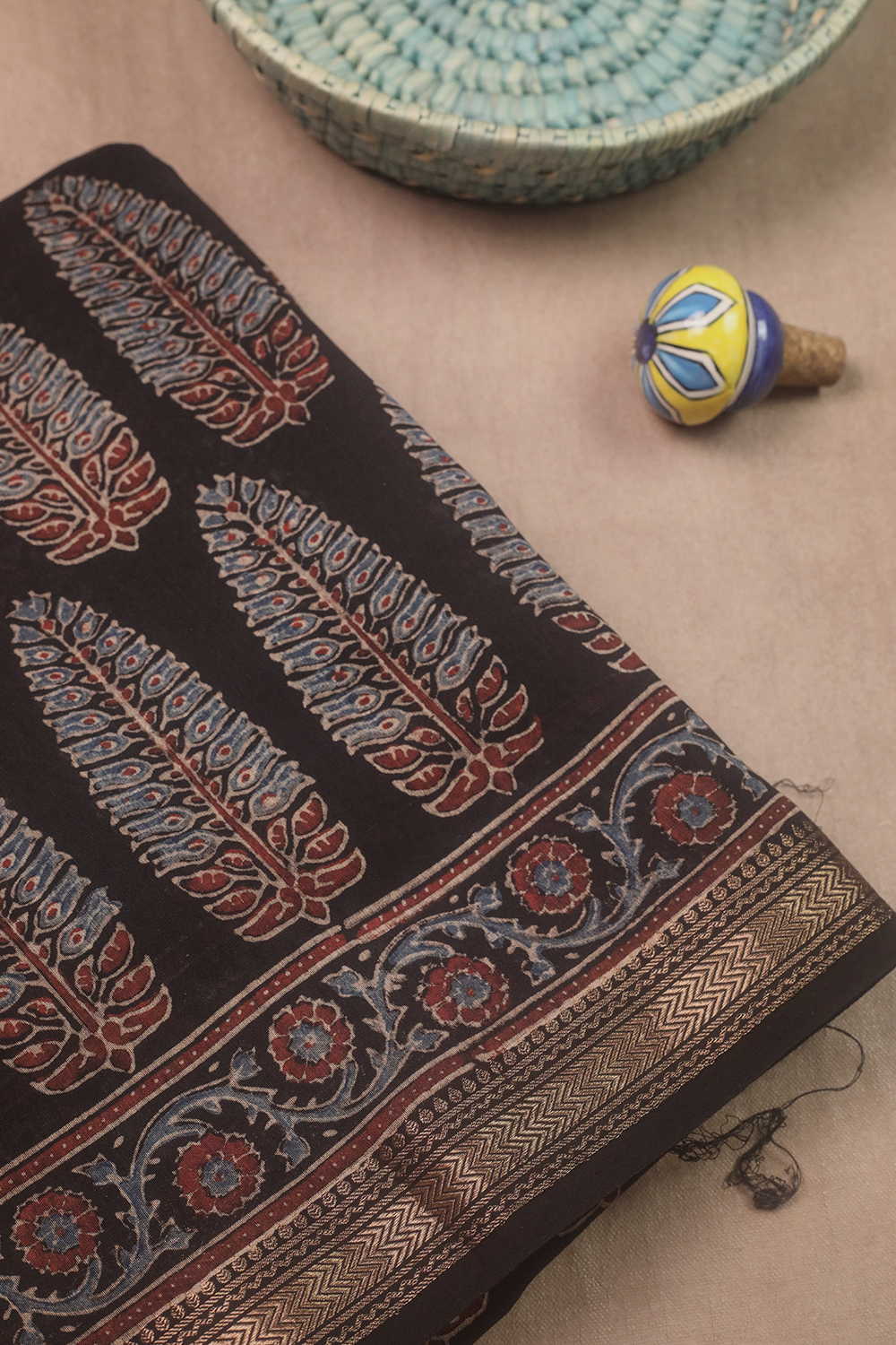 Buttas on Black Ajrak Maheshwari Saree