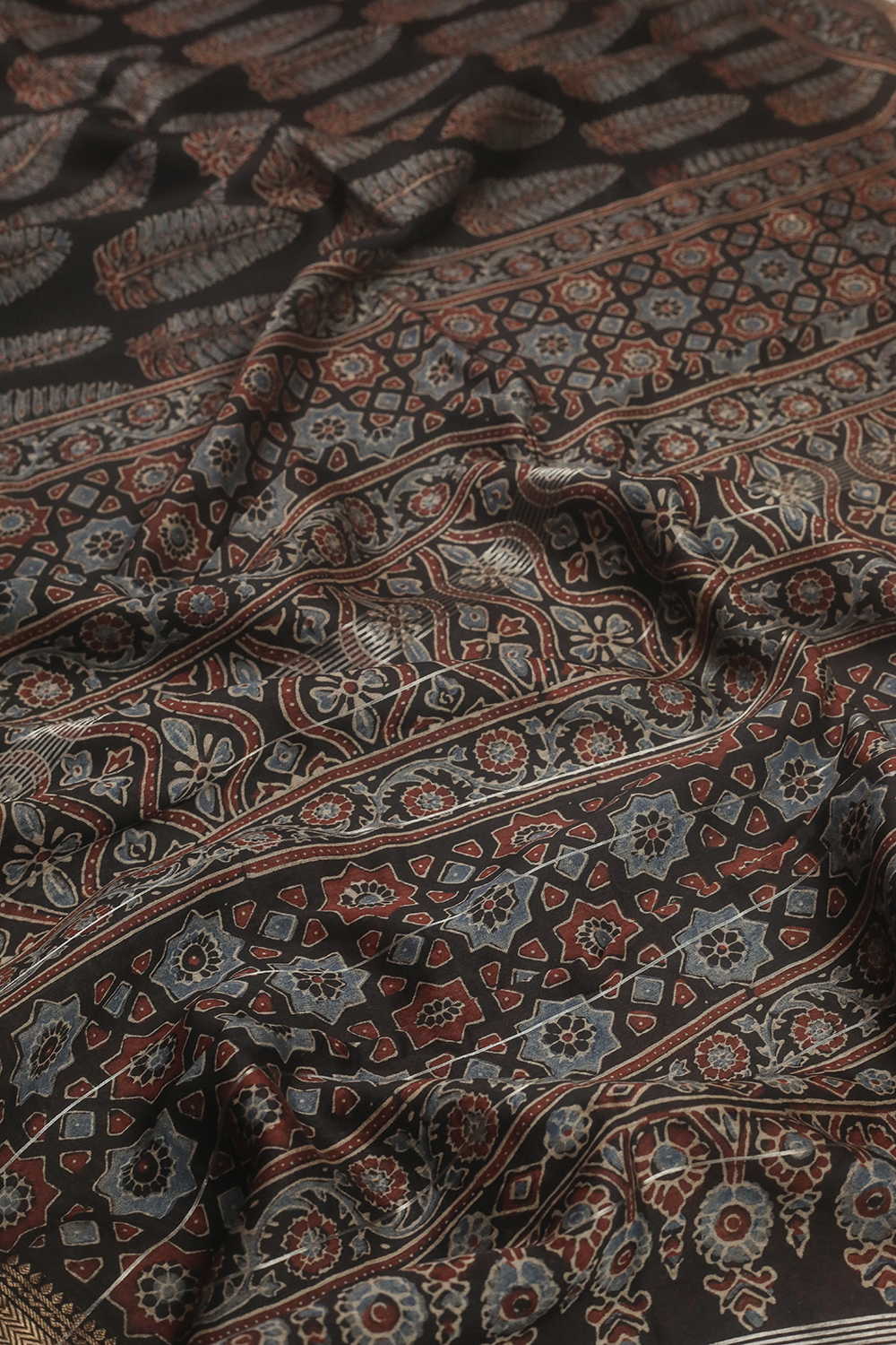 Buttas on Black Ajrak Maheshwari Saree - Image 3