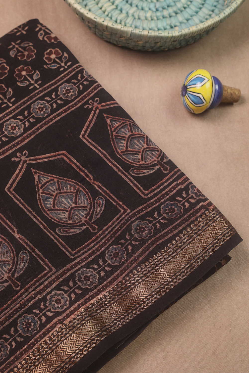 Black Ajrak Maheshwari Saree