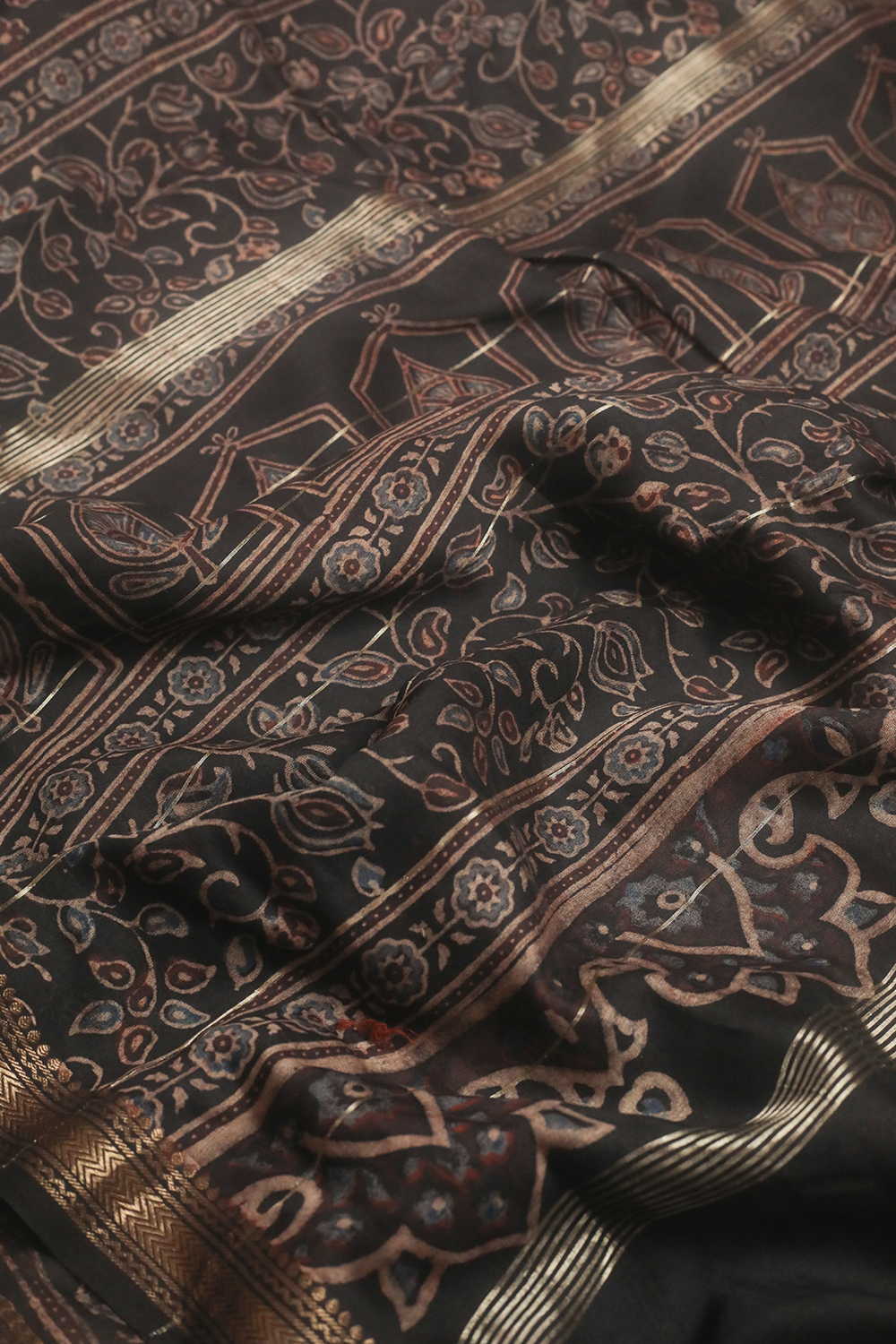 Black Ajrak Maheshwari Saree - Image 3