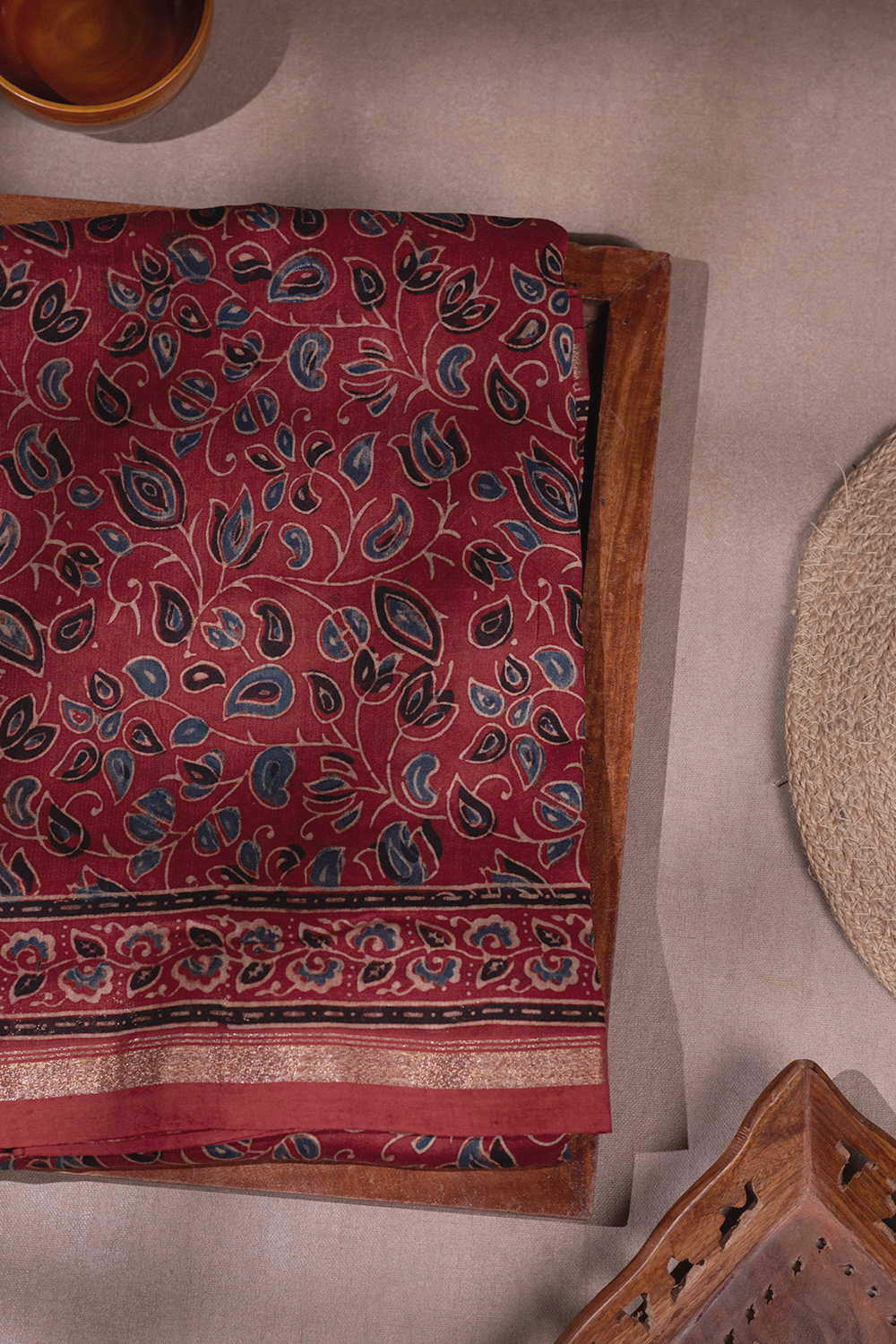 Maroon Ajrak Maheshwari saree