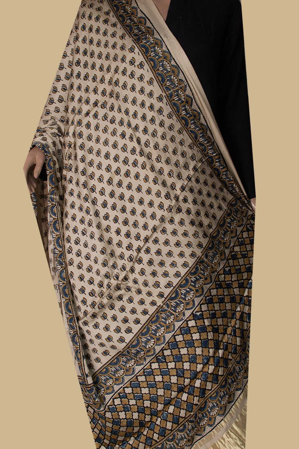Lotus on Cream Ajrak Modal Silk Dupatta