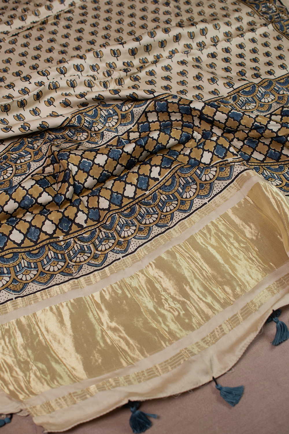 Lotus on Cream Ajrak Modal Silk Dupatta - Image 2