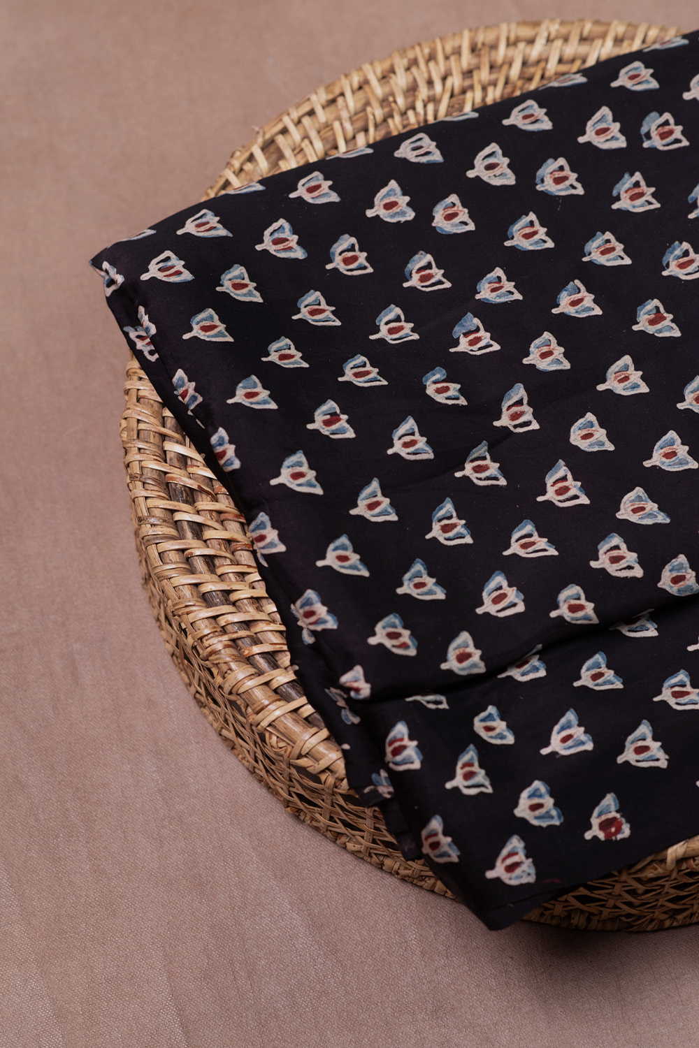Lotus on Black Ajrak Modal Silk Fabric - Image 2
