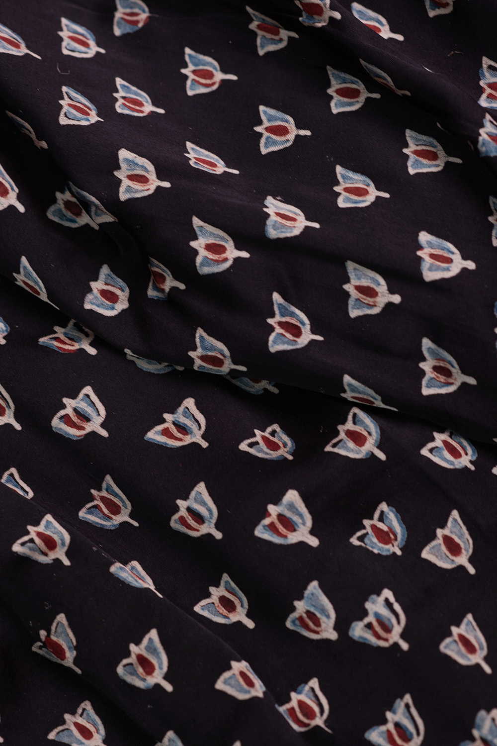 Lotus on Black Ajrak Modal Silk Fabric - Image 3