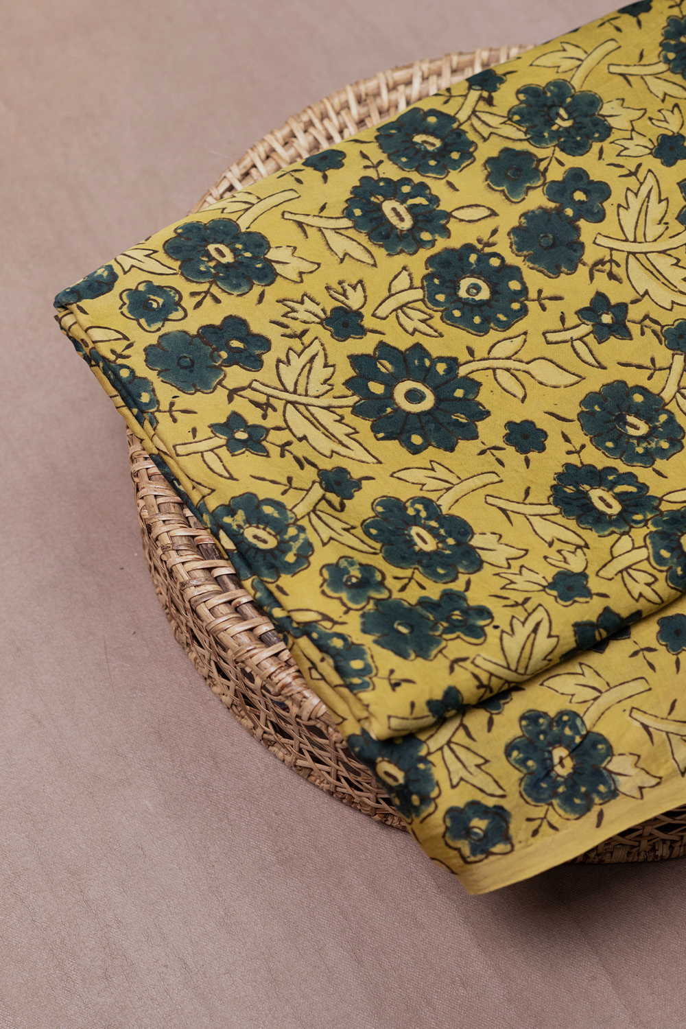 Green Floral - Yellow Ajrak Modal Silk Fabric