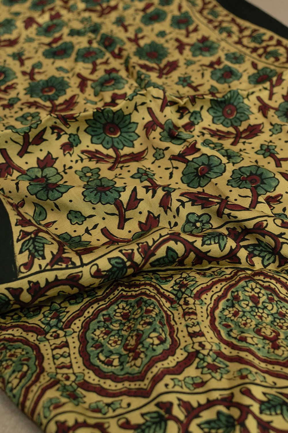 Yellow with Green Floral Ajrak Modal Silk Stole - Image 3