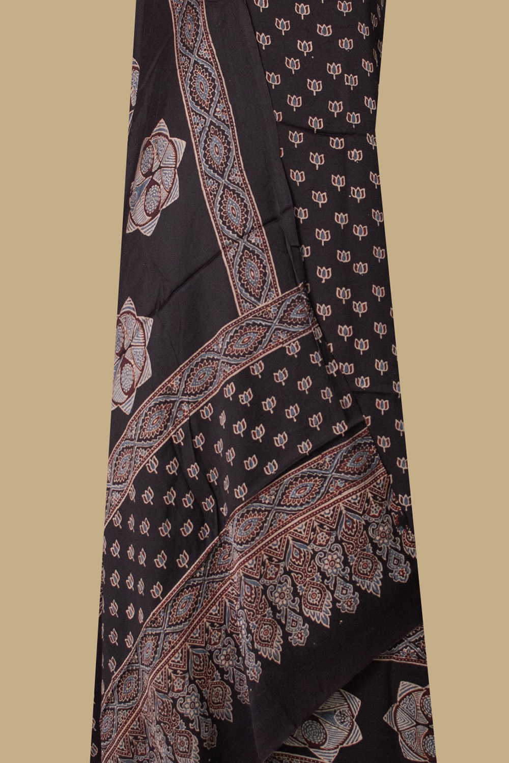Black with Lotus Motifs Ajrak Modal Silk Top & Dupatta