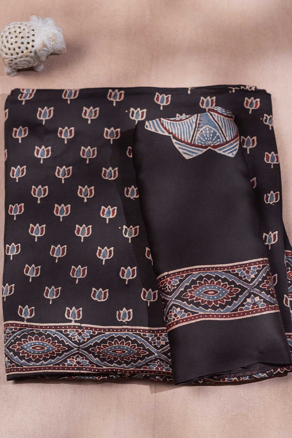 Black with Lotus Motifs Ajrak Modal Silk Top & Dupatta - Image 2
