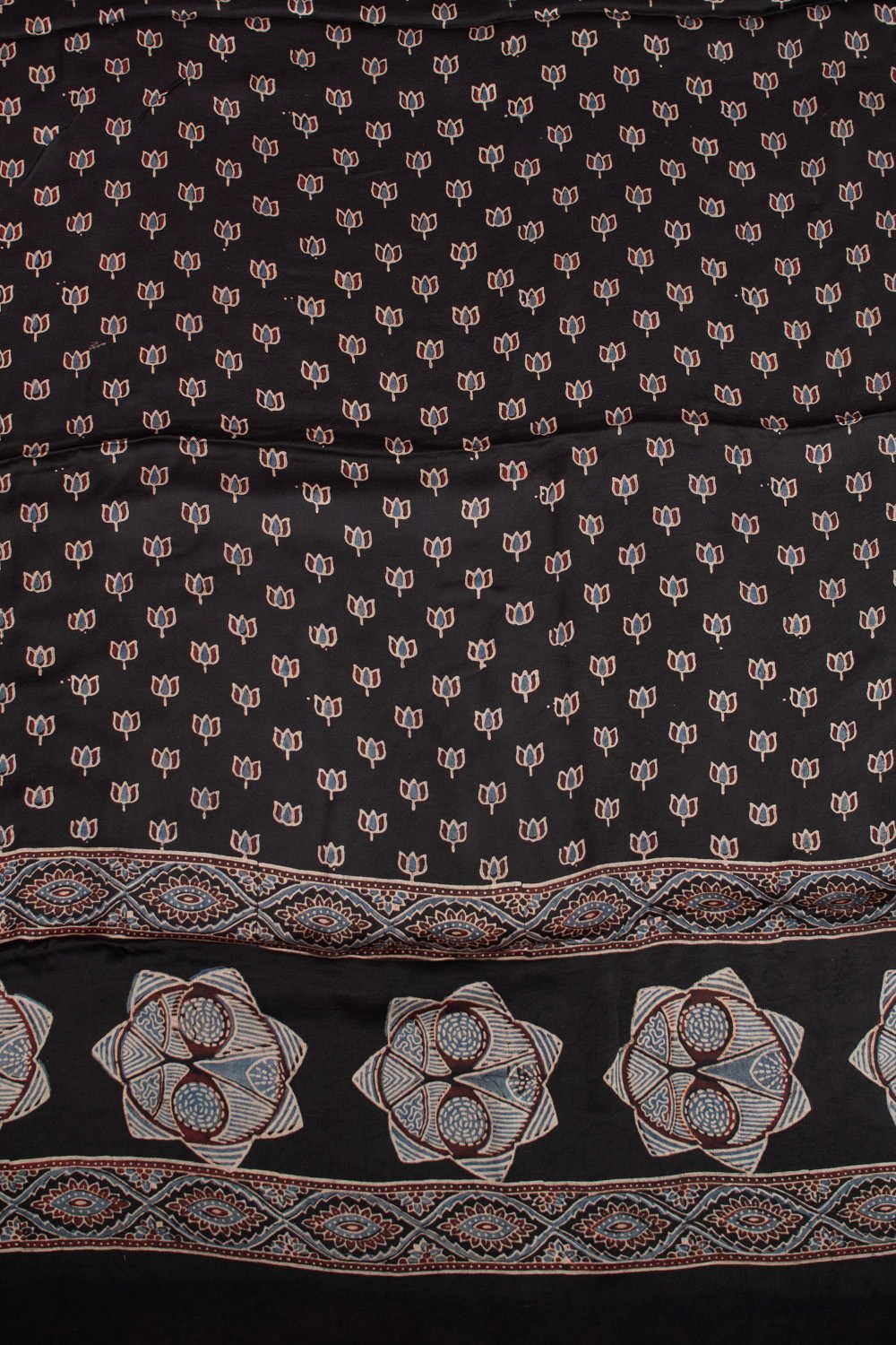 Black with Lotus Motifs Ajrak Modal Silk Top & Dupatta - Image 3