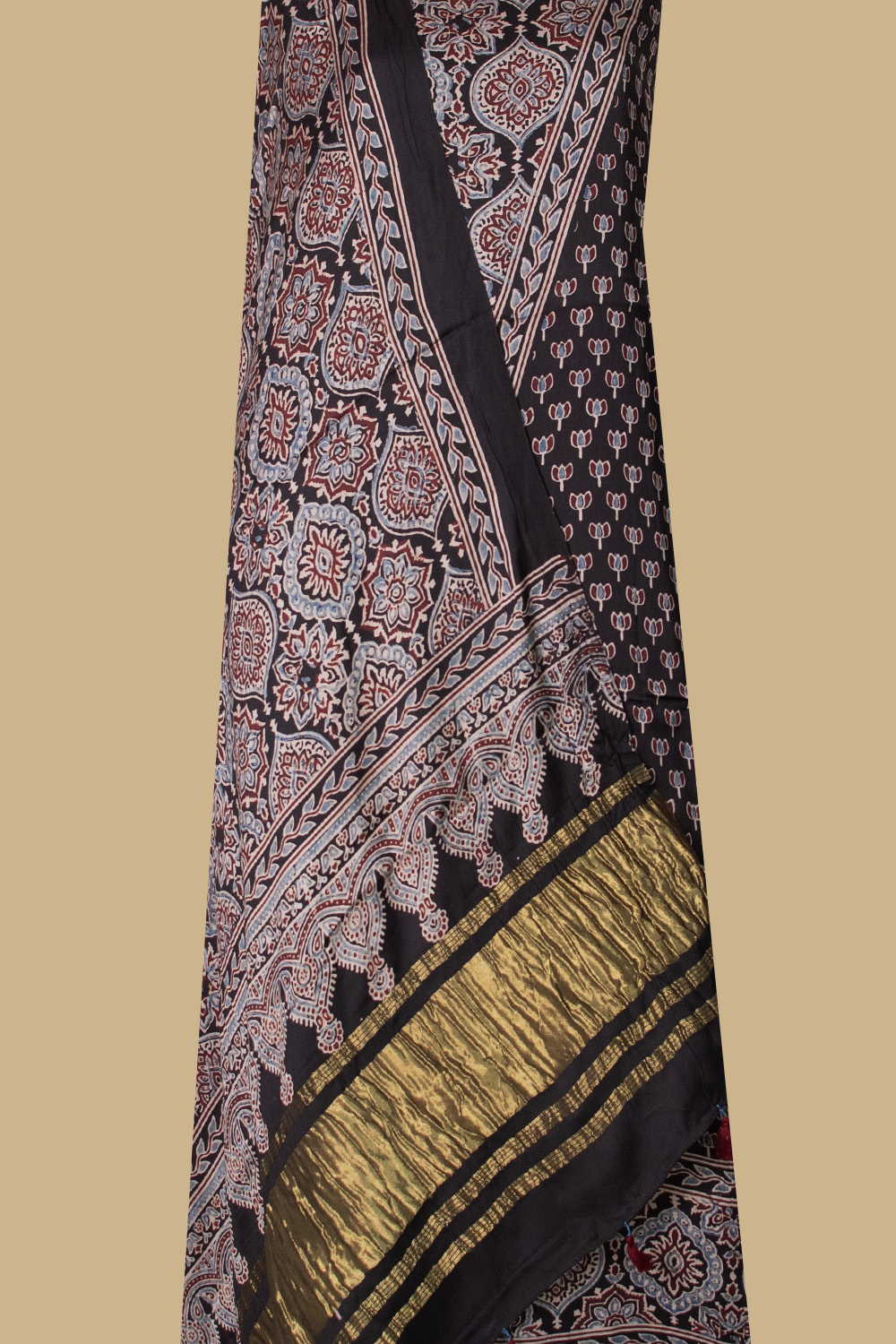 Lotus - Black Ajrak Modal Silk Top & Dupatta