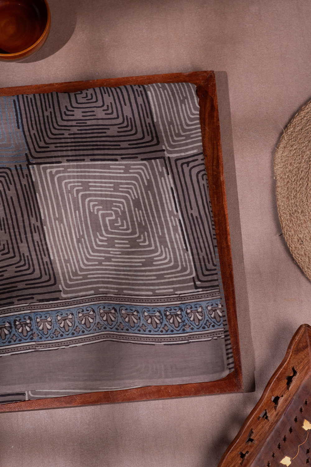 Grey Ajrak Mul Cotton saree