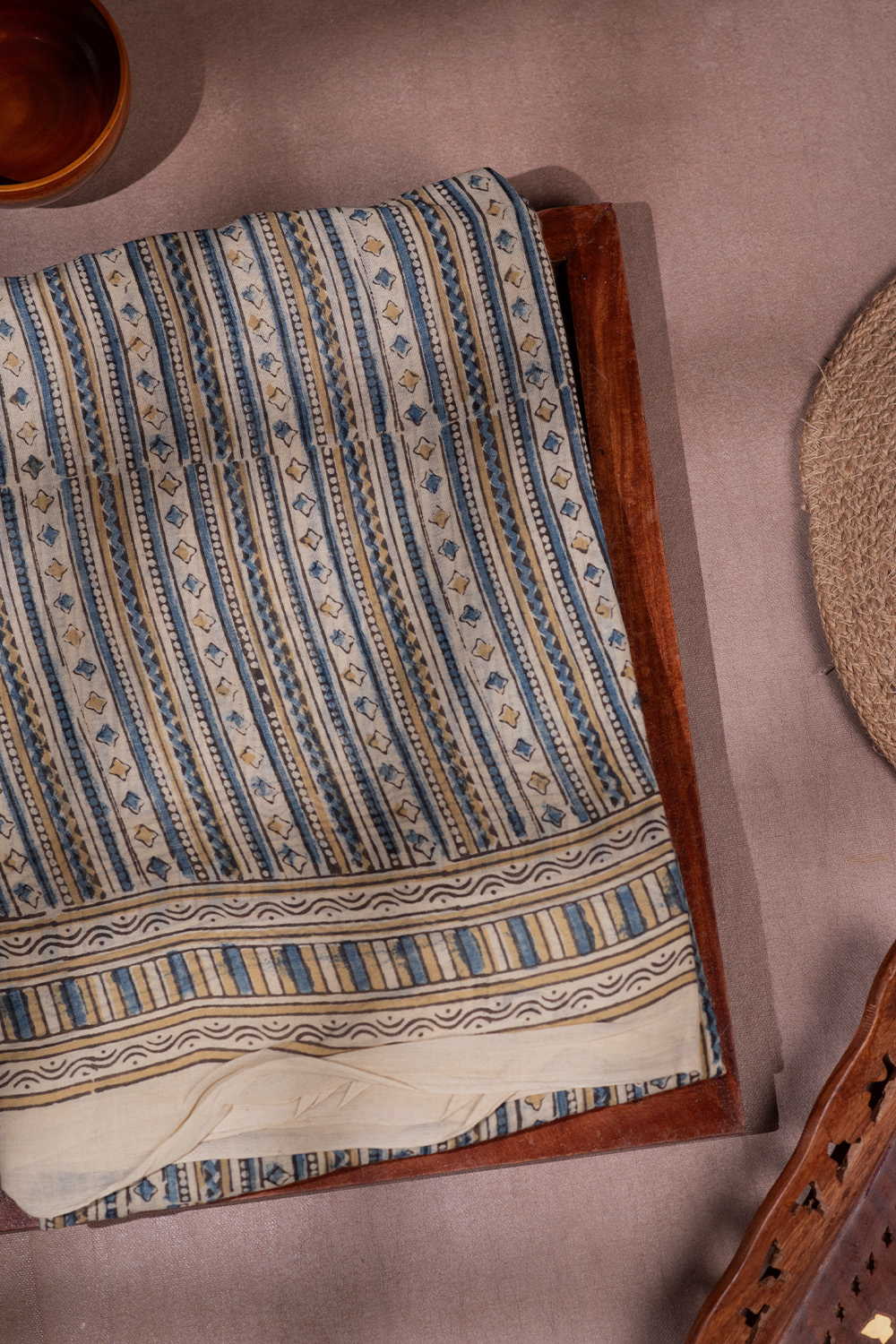 Indigo Stripes on Cream Ajrak Mul Cotton saree