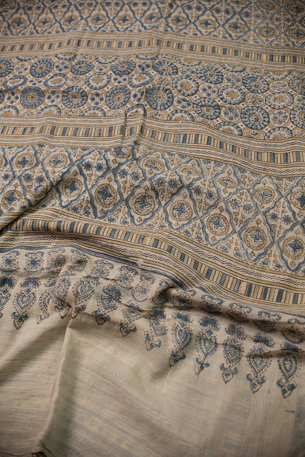 Indigo Stripes on Cream Ajrak Mul Cotton saree - Image 3