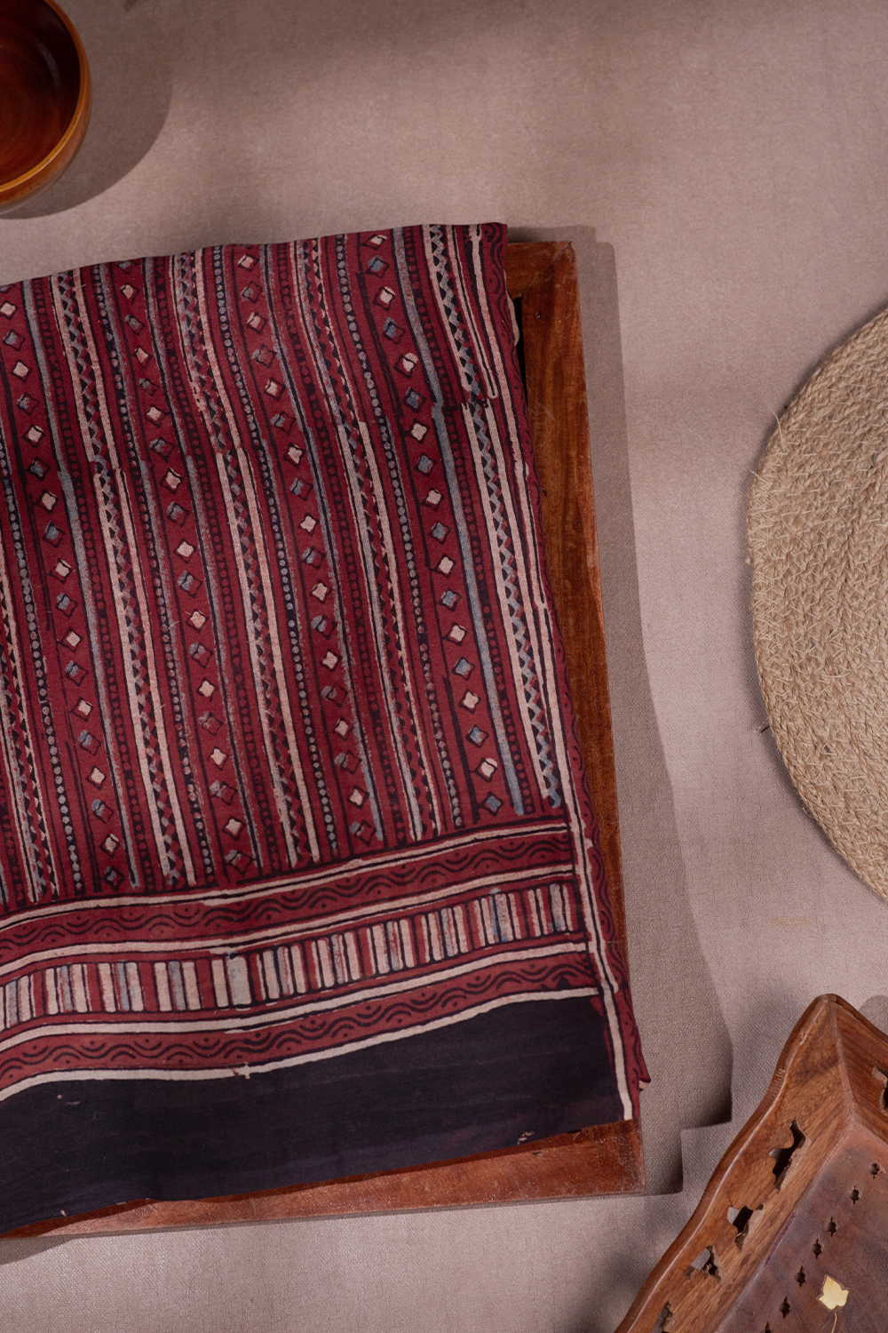 Maroon with Striped Ajrak Mul Cotton saree