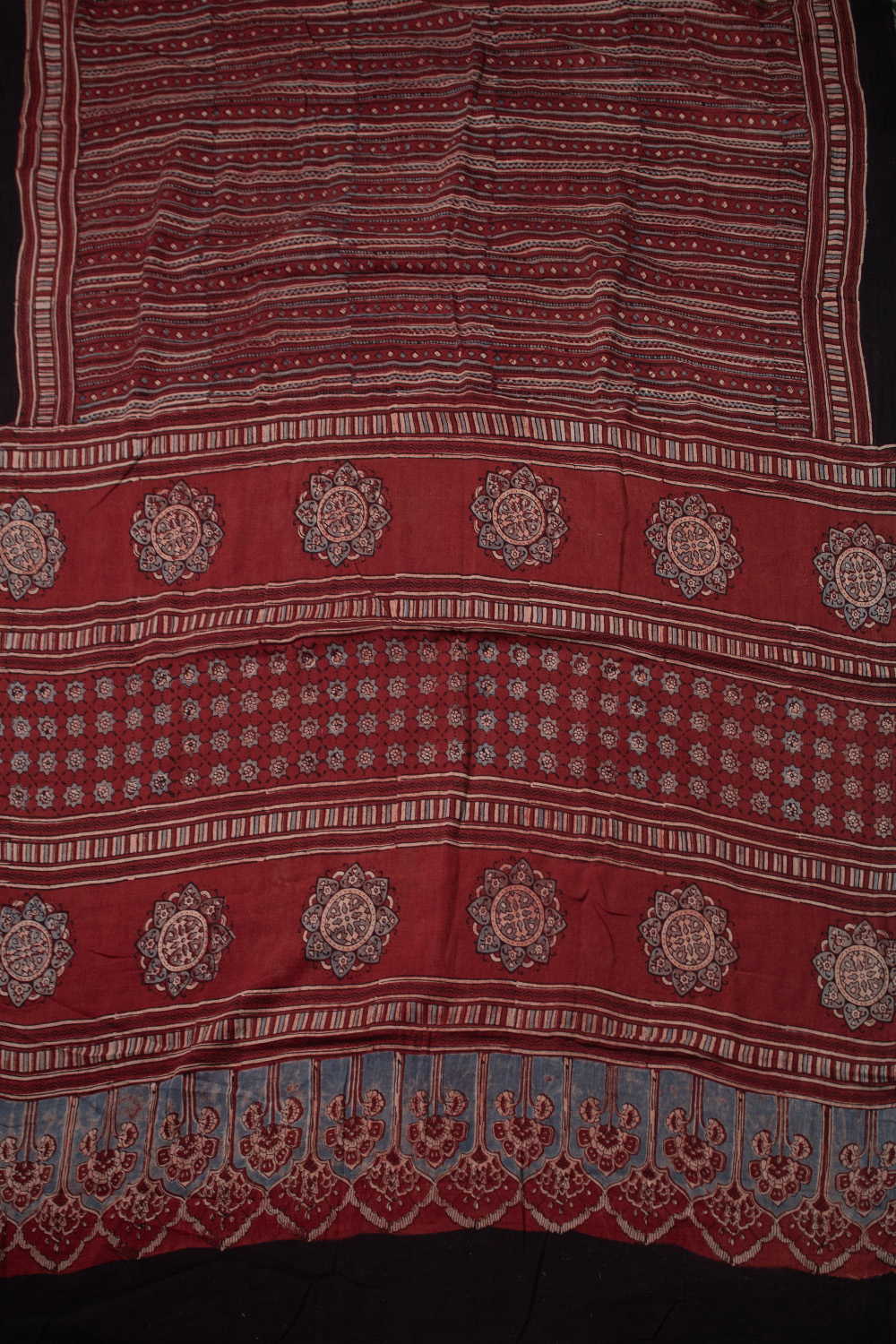 Maroon with Striped Ajrak Mul Cotton saree - Image 2