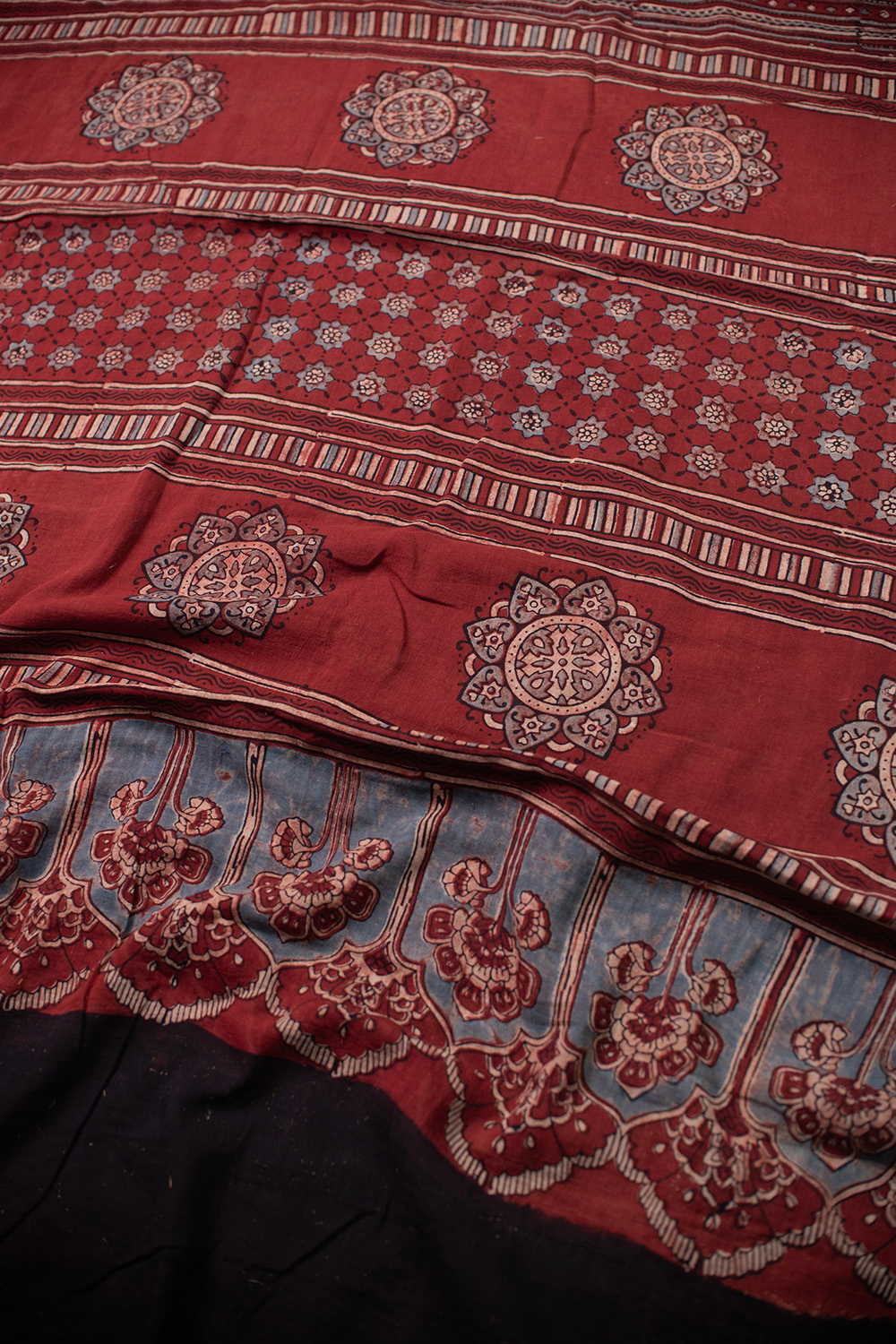 Maroon with Striped Ajrak Mul Cotton saree - Image 3