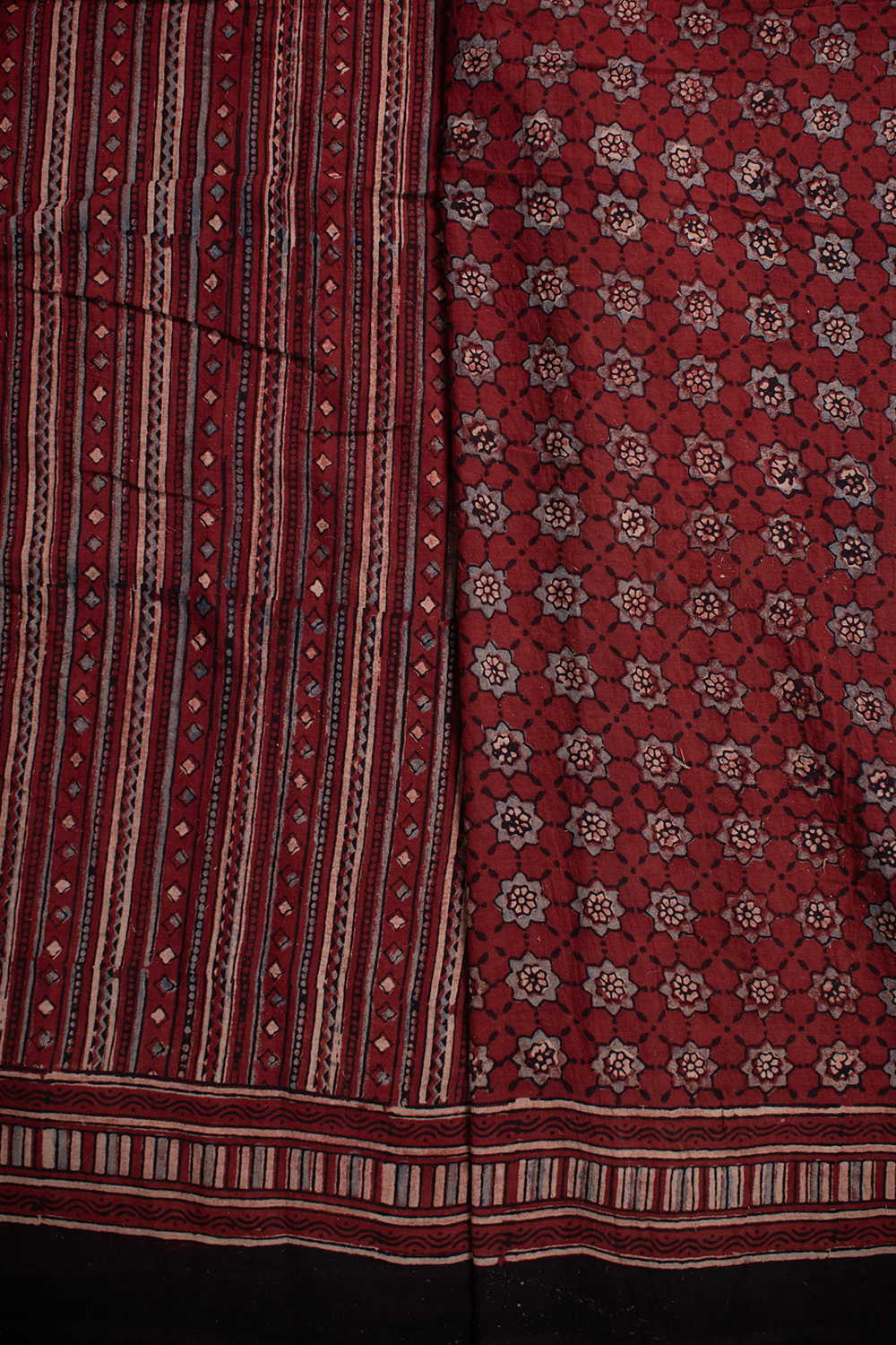 Maroon with Striped Ajrak Mul Cotton saree - Image 4