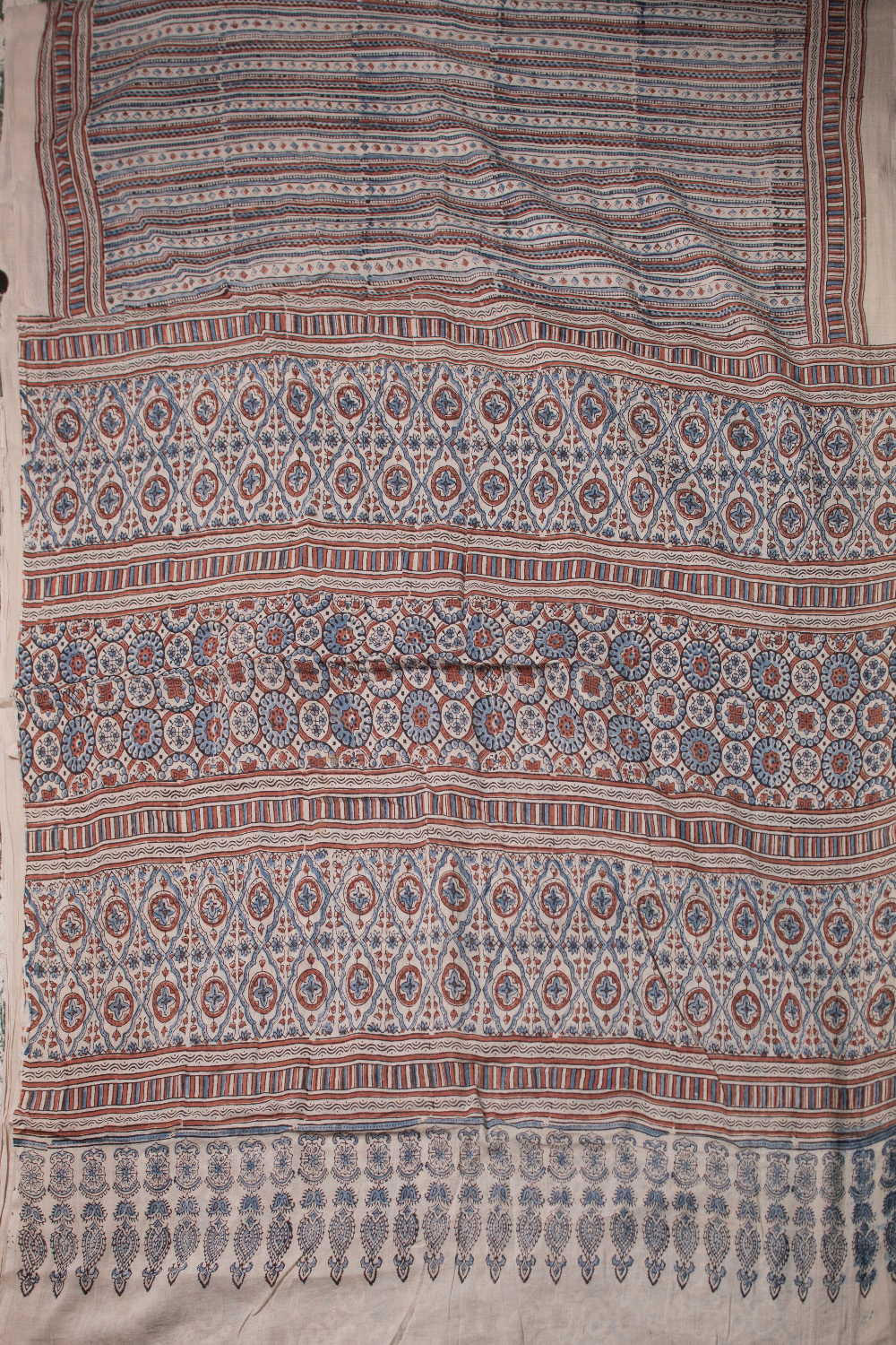 Multi Stripes on Cream Ajrak Mul Cotton saree - Image 2