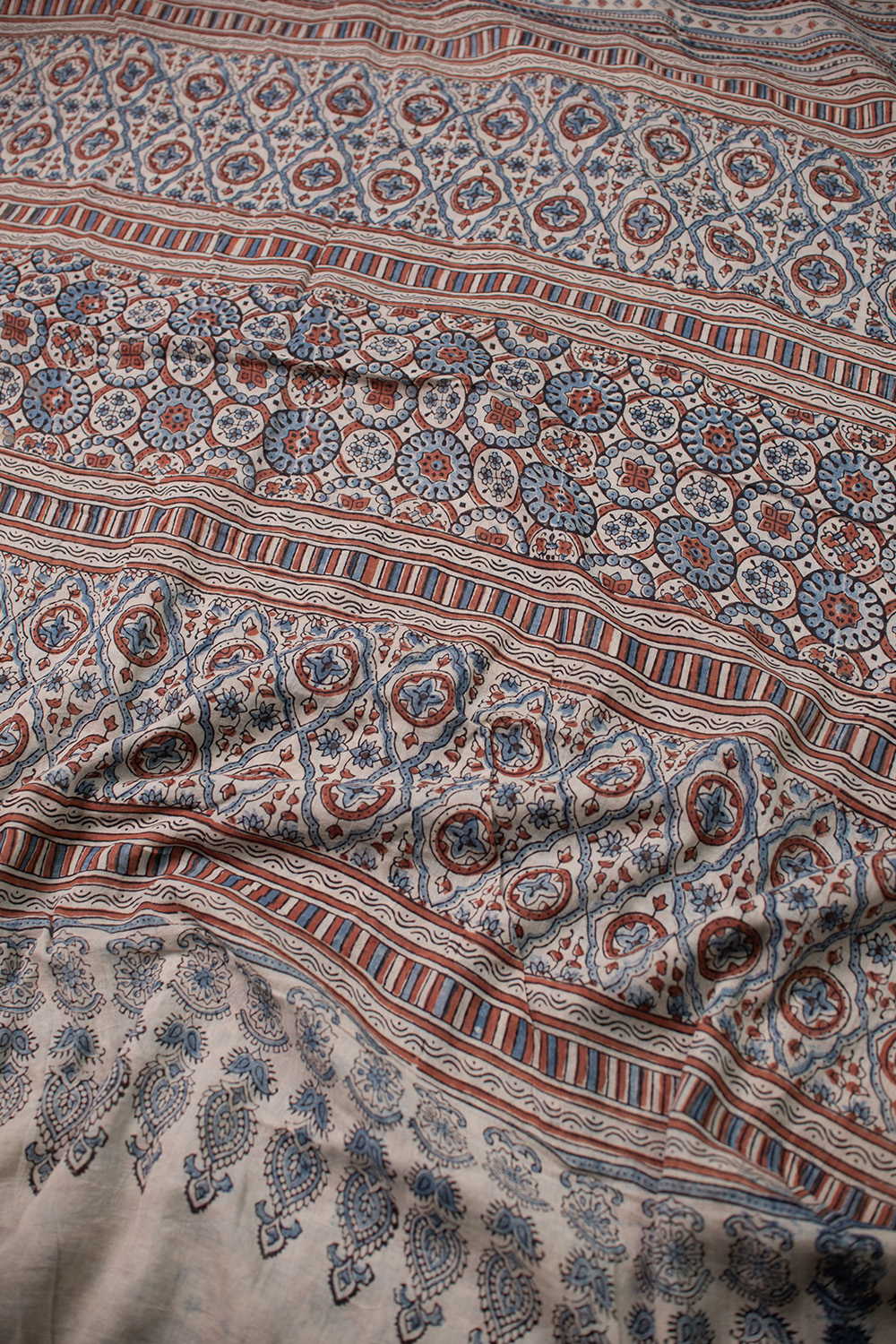 Multi Stripes on Cream Ajrak Mul Cotton saree - Image 3