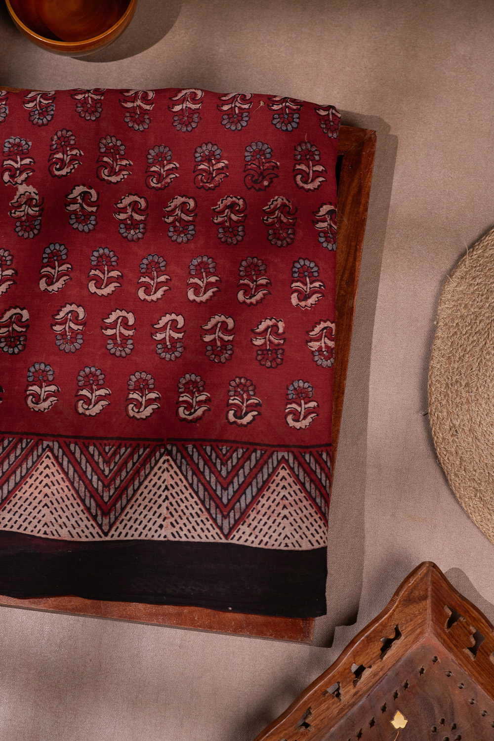 Flower Motifs on Maroon Ajrak Mul Cotton saree