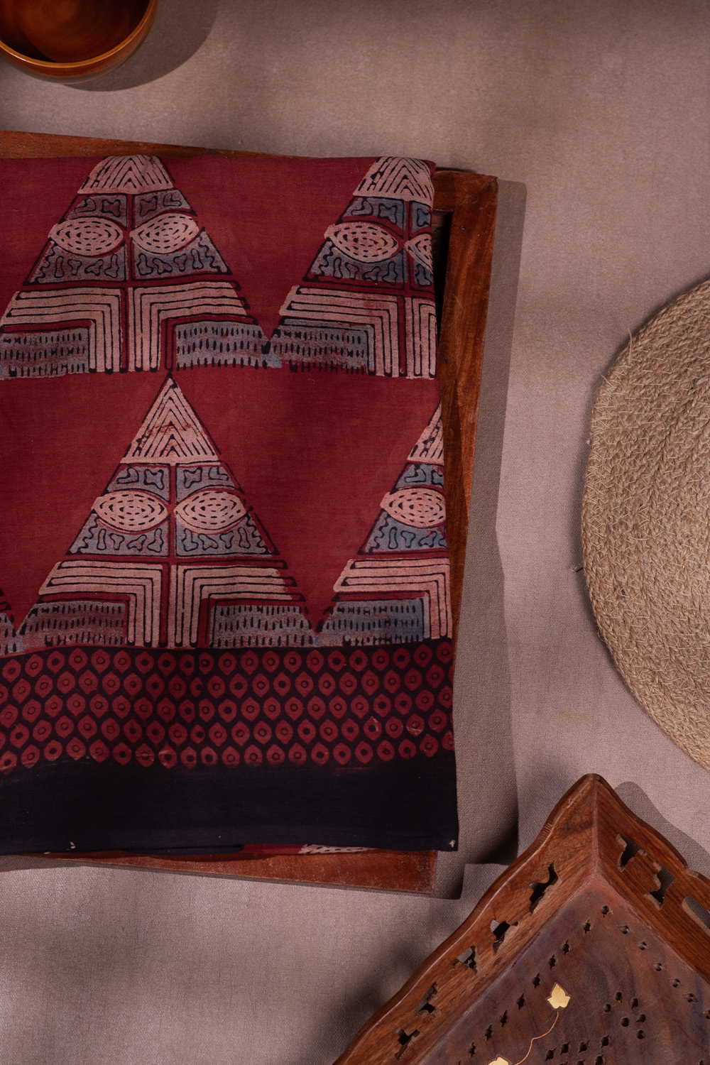 Maroon with Angular Motifs Ajrak Mul Cotton saree