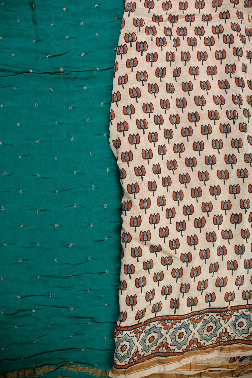 Shades of Green Bandhani Ajrak Silk Cotton Saree - Image 4