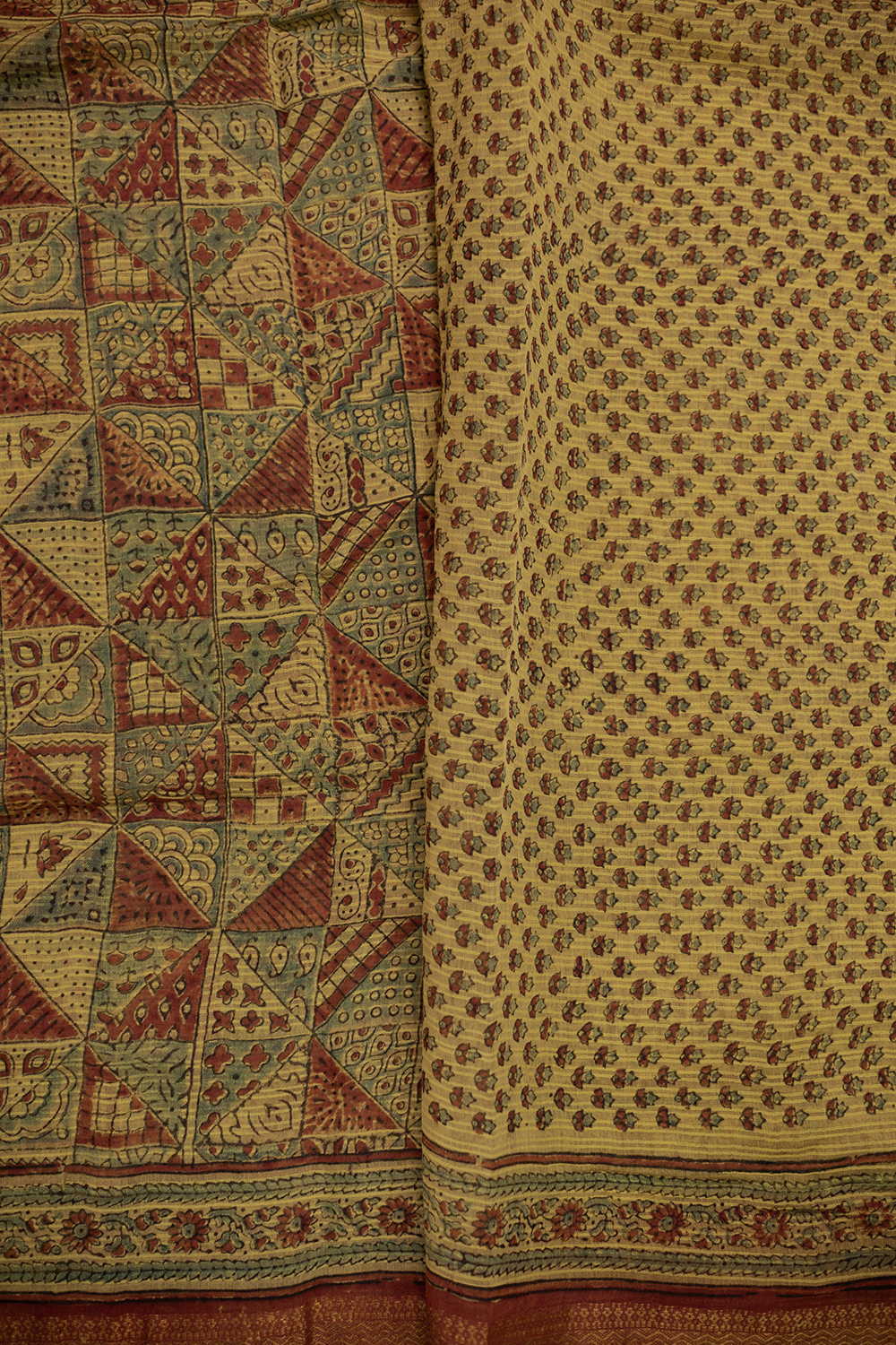 Patterned on Yellow Ajrak Maheshwari Silk Cotton saree - Image 4