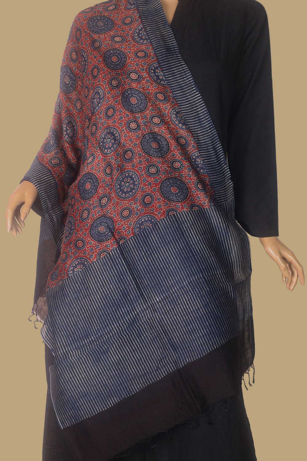 Maroon with Indigo Ajrak Silk Cotton Stole