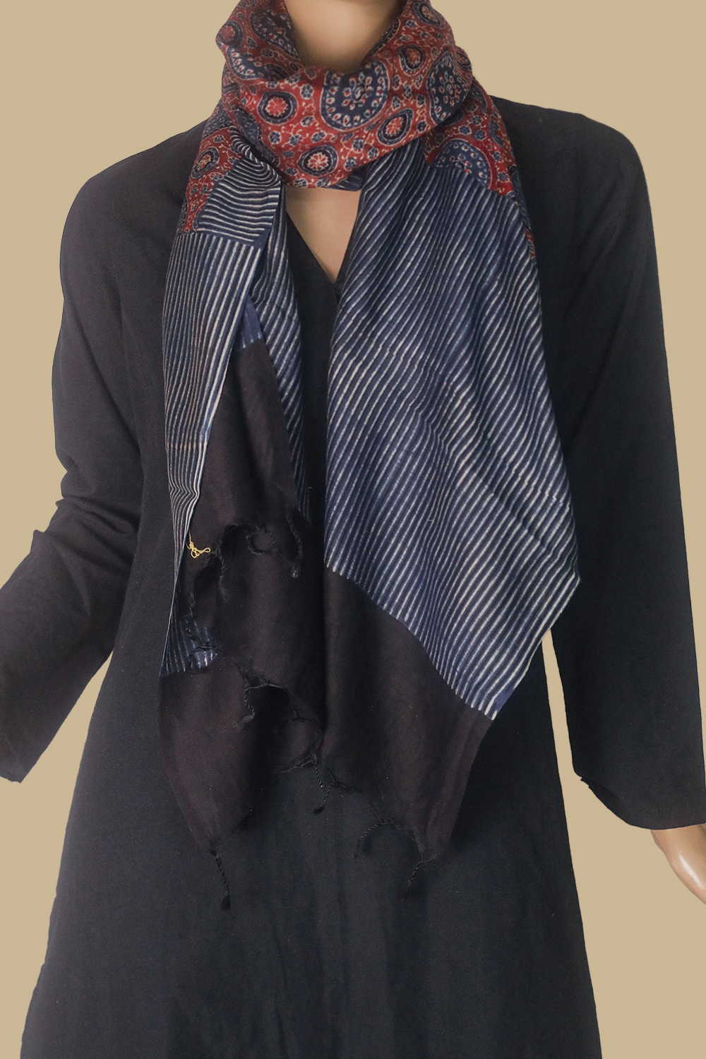 Maroon with Indigo Ajrak Silk Cotton Stole - Image 2