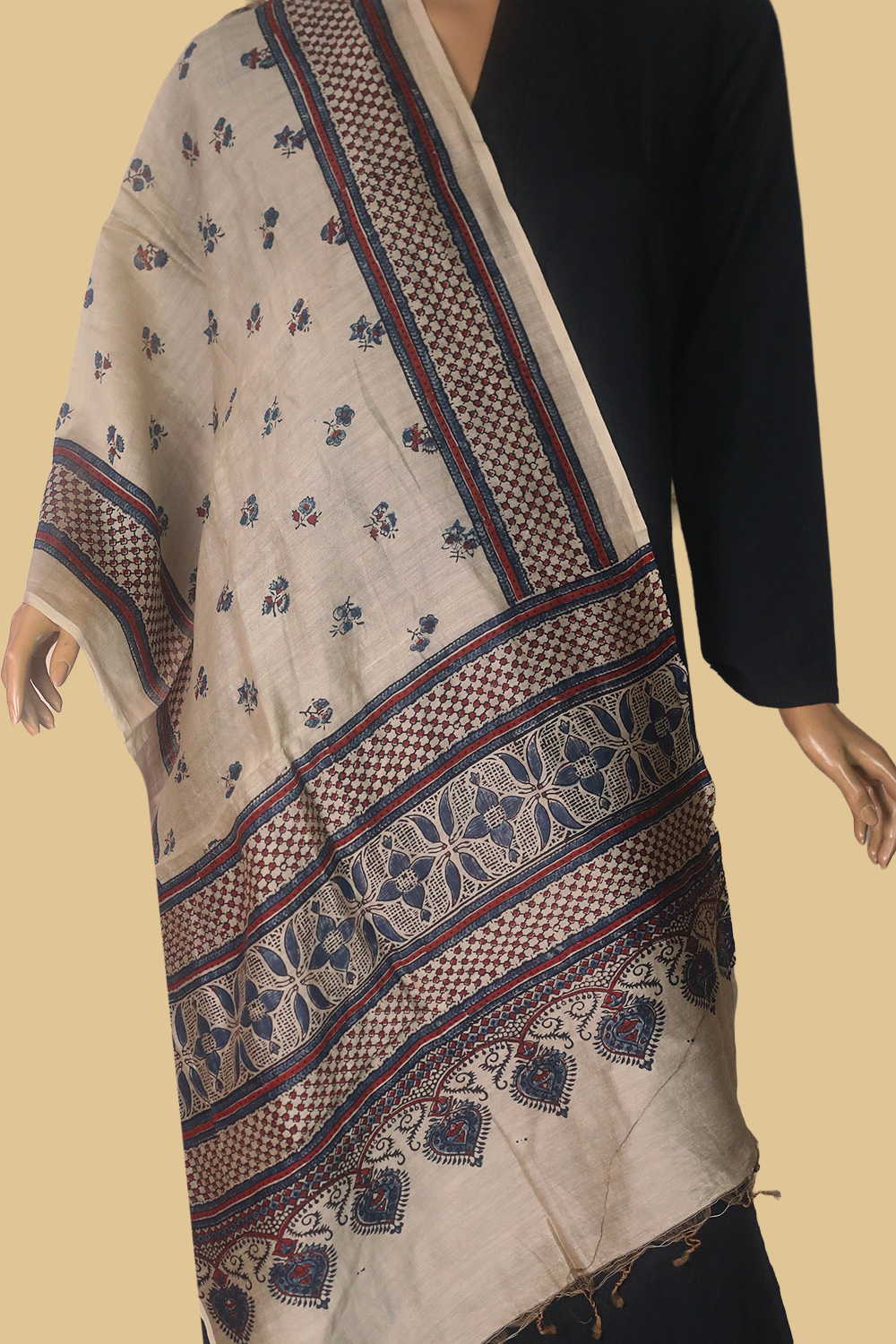 Motifs on Cream Ajrak Silk Cotton Stole