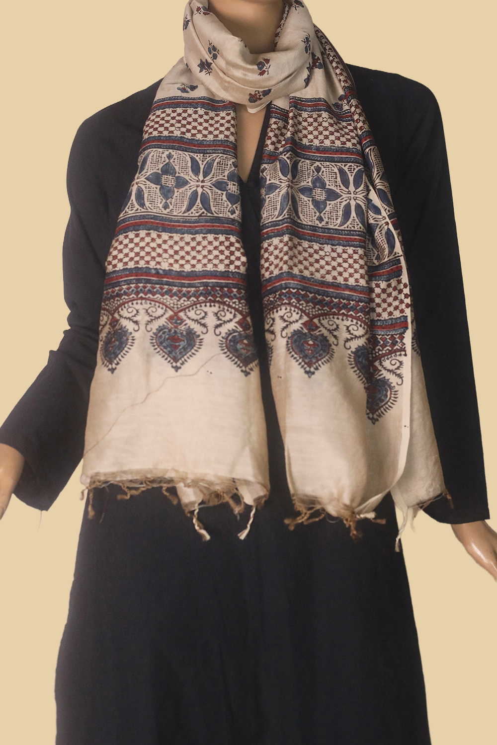 Motifs on Cream Ajrak Silk Cotton Stole - Image 3
