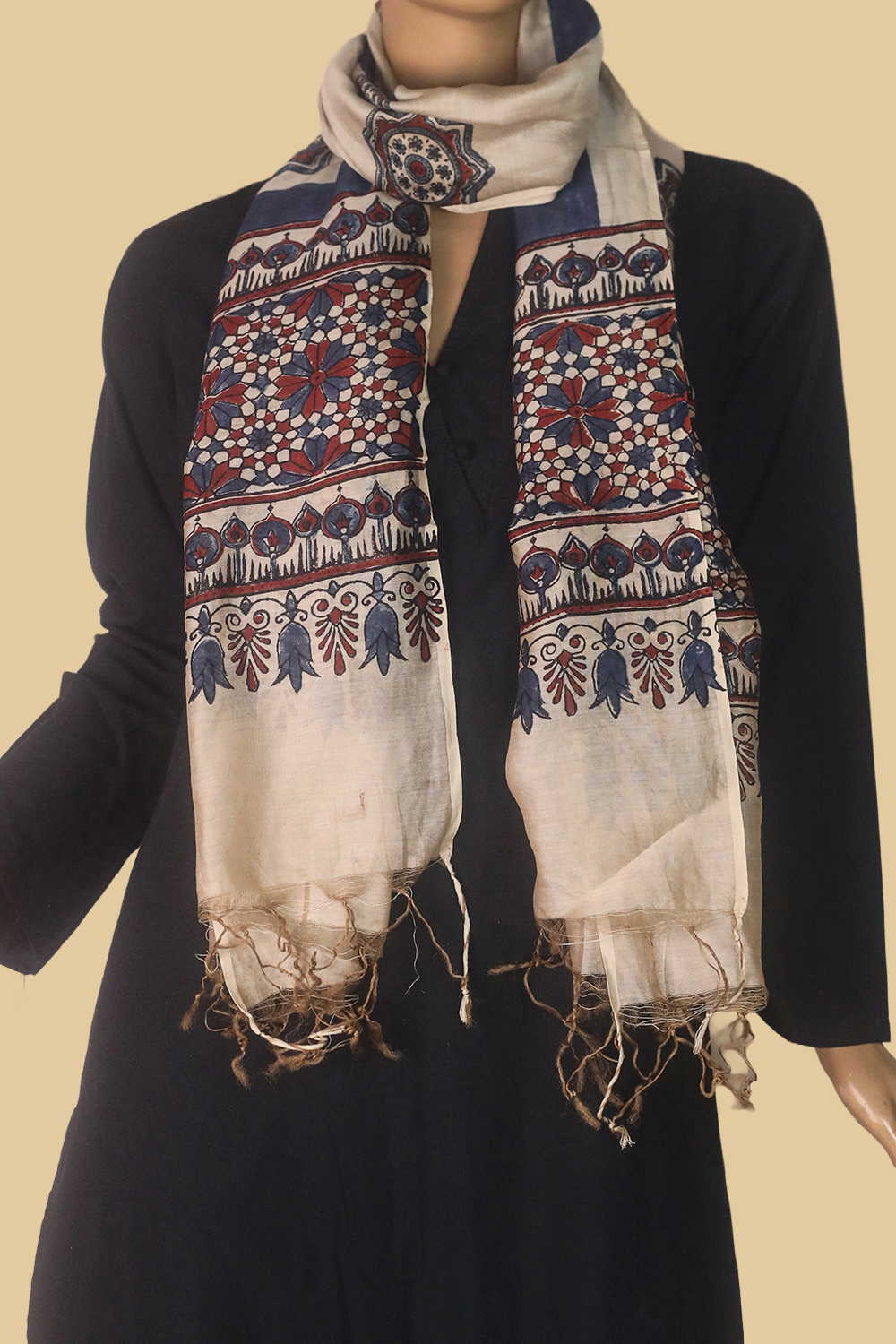 Buttas on Cream Ajrak Silk Cotton Stole - Image 2