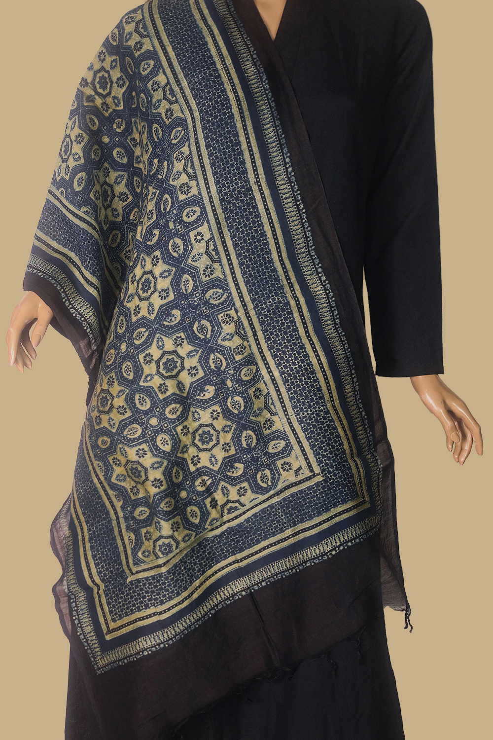 Indigo with Green Ajrak Silk Cotton Stole