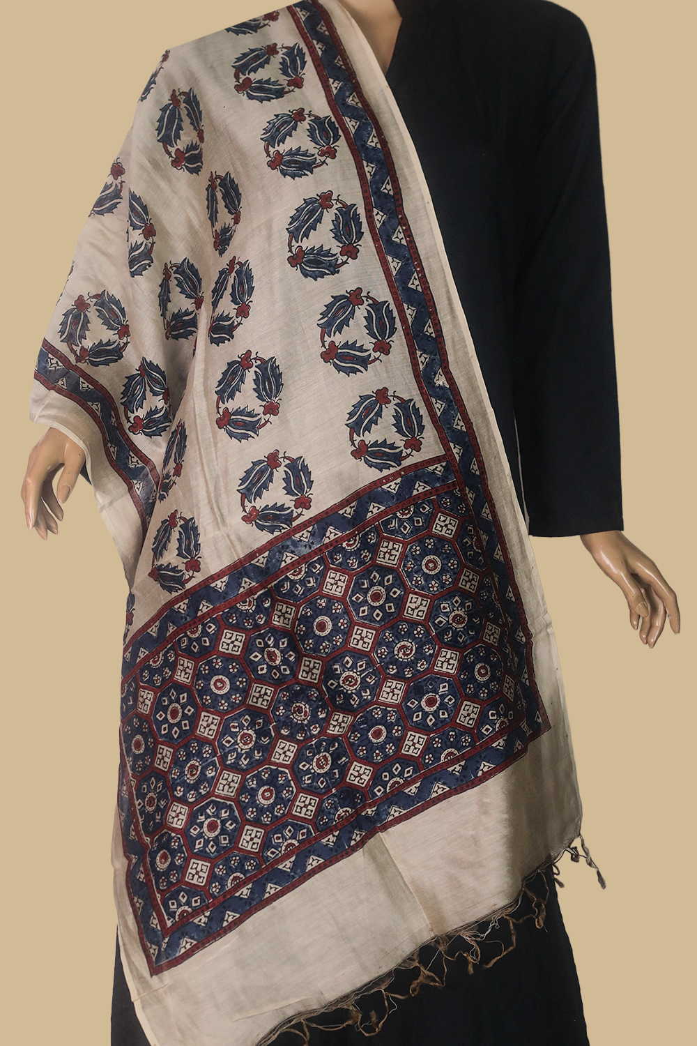 Motifs on Cream Ajrak Silk Cotton Stole