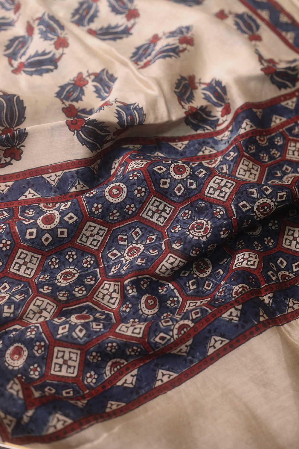 Motifs on Cream Ajrak Silk Cotton Stole - Image 3