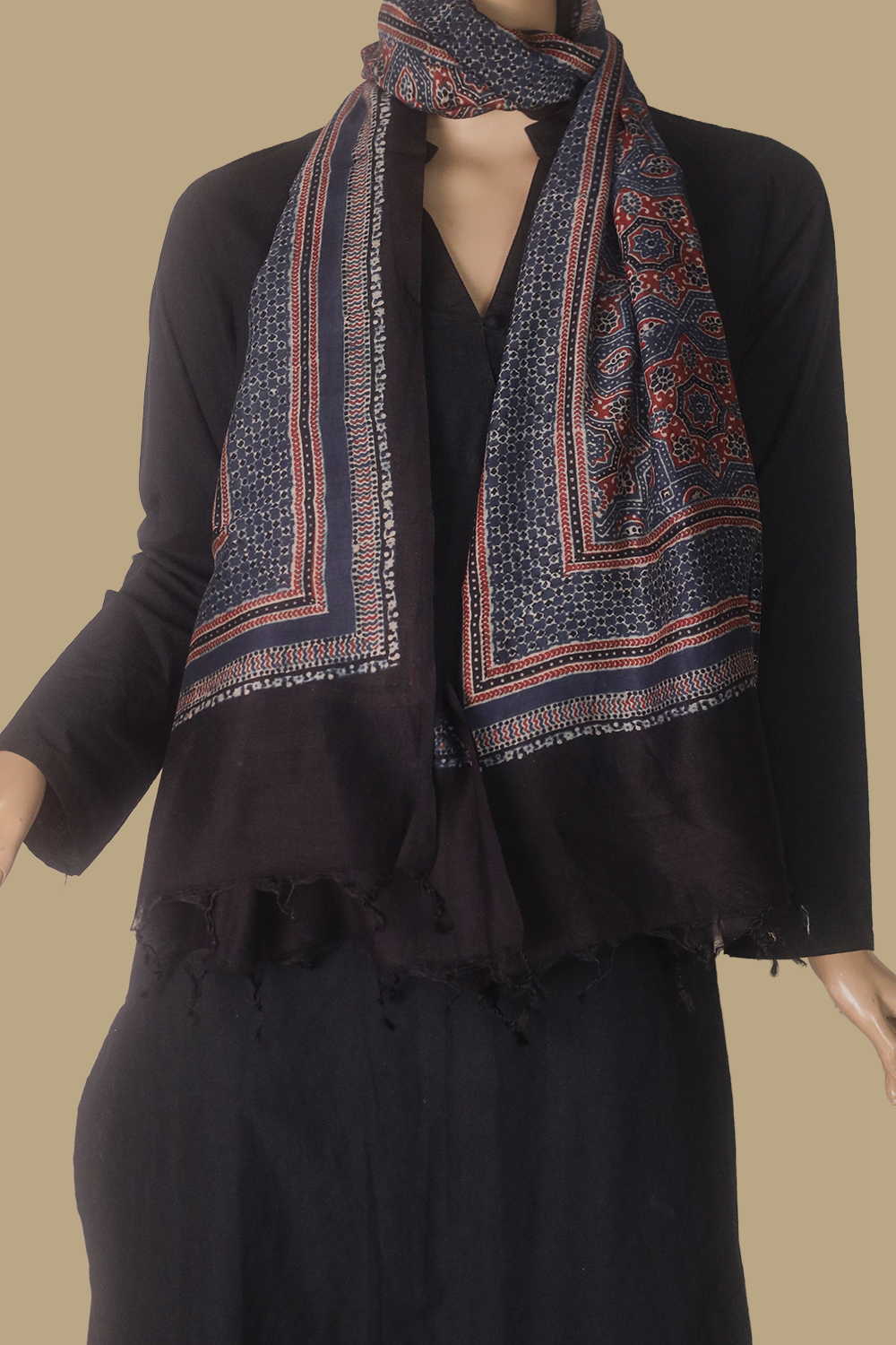 Indigo Ajrak Silk Cotton Stole