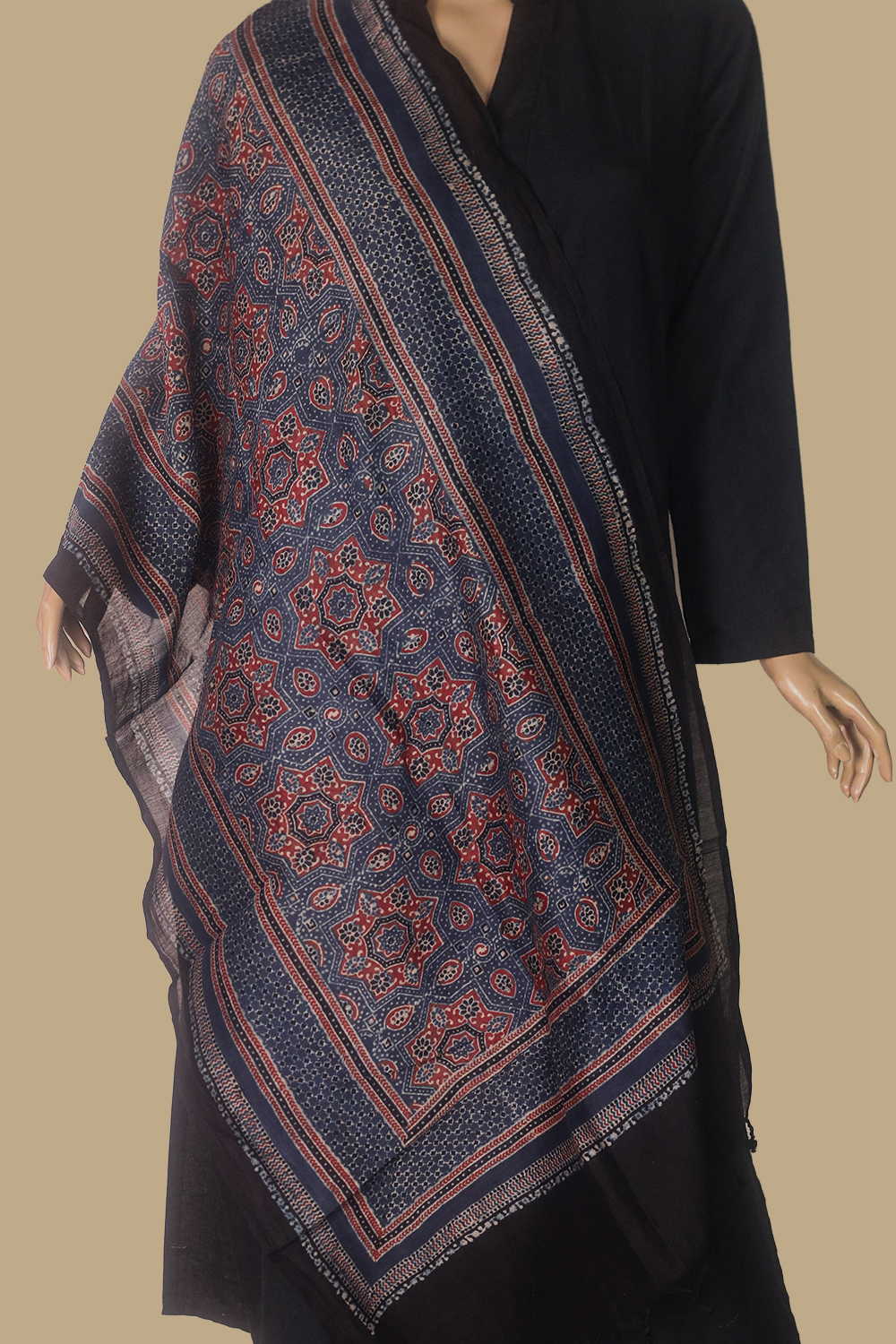 Indigo Ajrak Silk Cotton Stole - Image 2