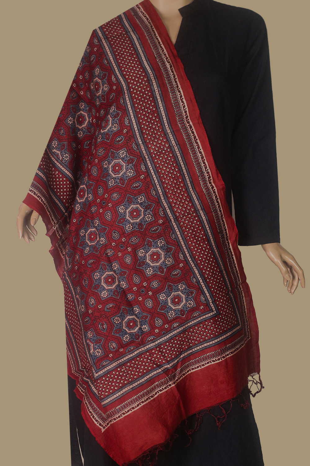 Dense Pattern - Maroon Ajrak Silk Cotton Stole