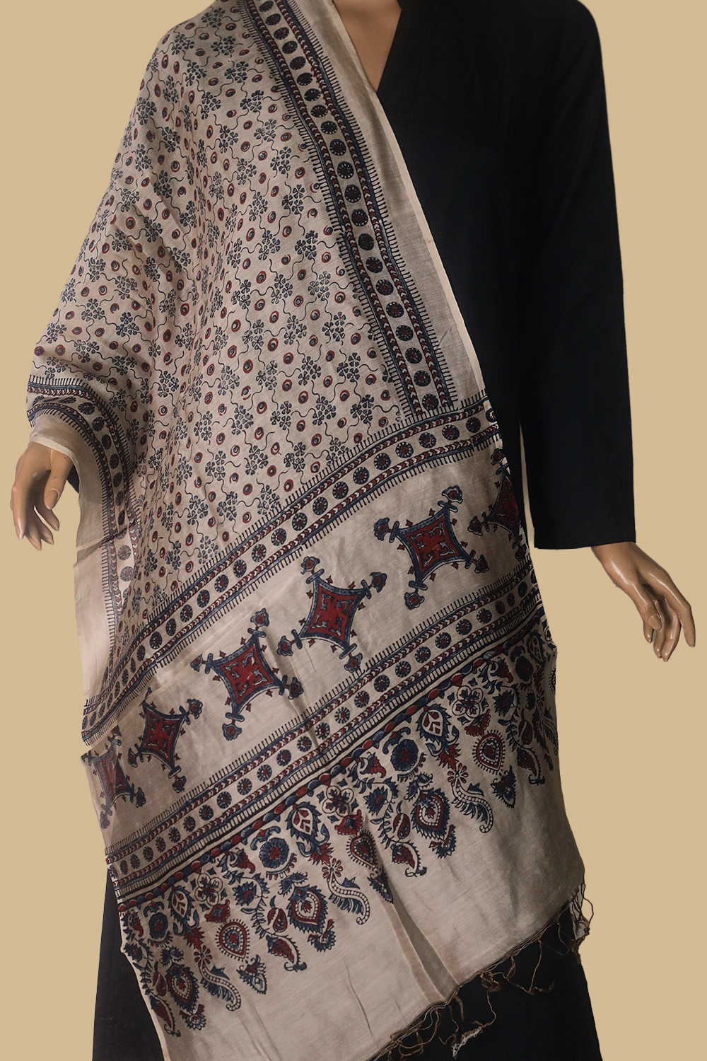 Creamy Ajrak Silk Cotton Stole
