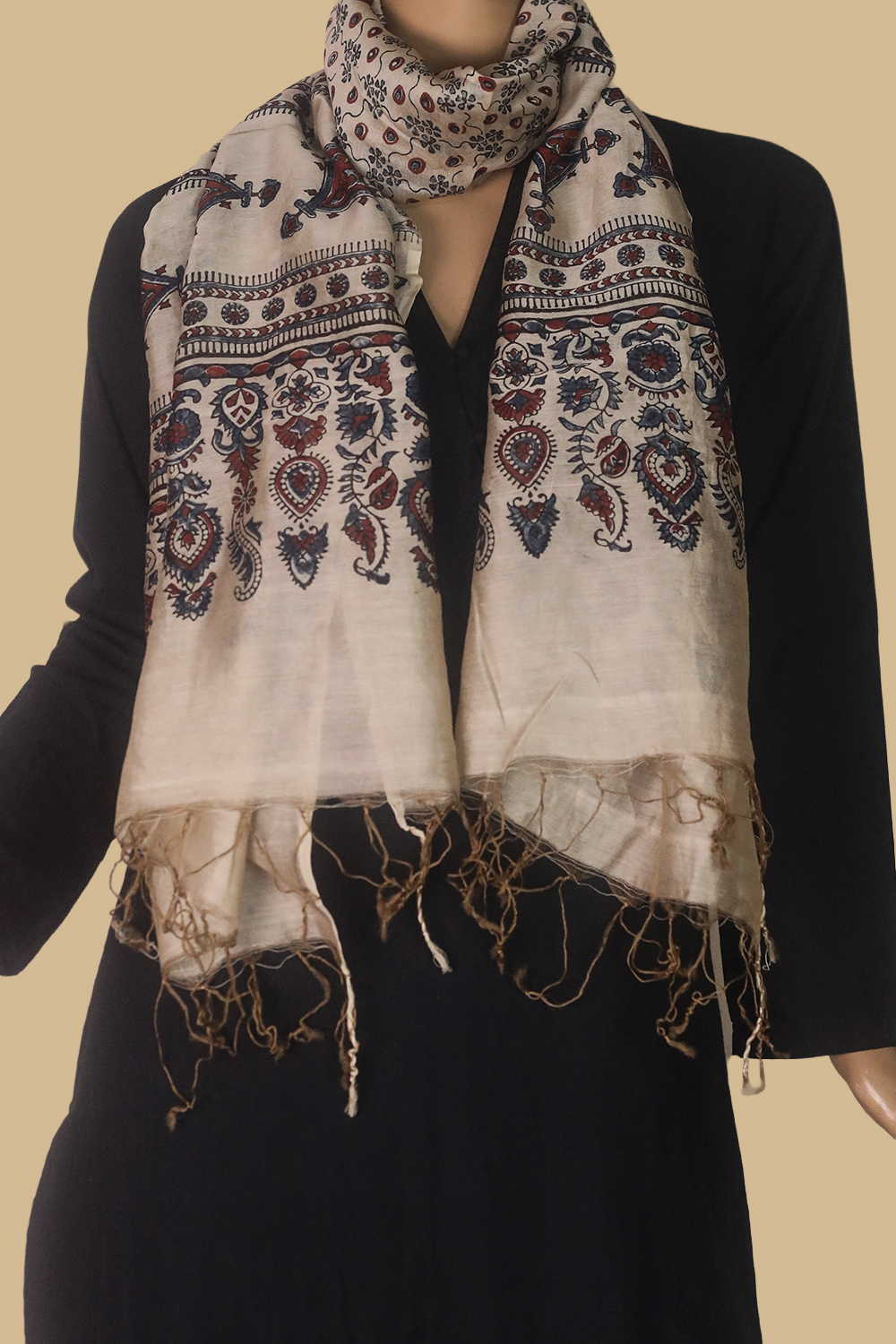 Creamy Ajrak Silk Cotton Stole - Image 2