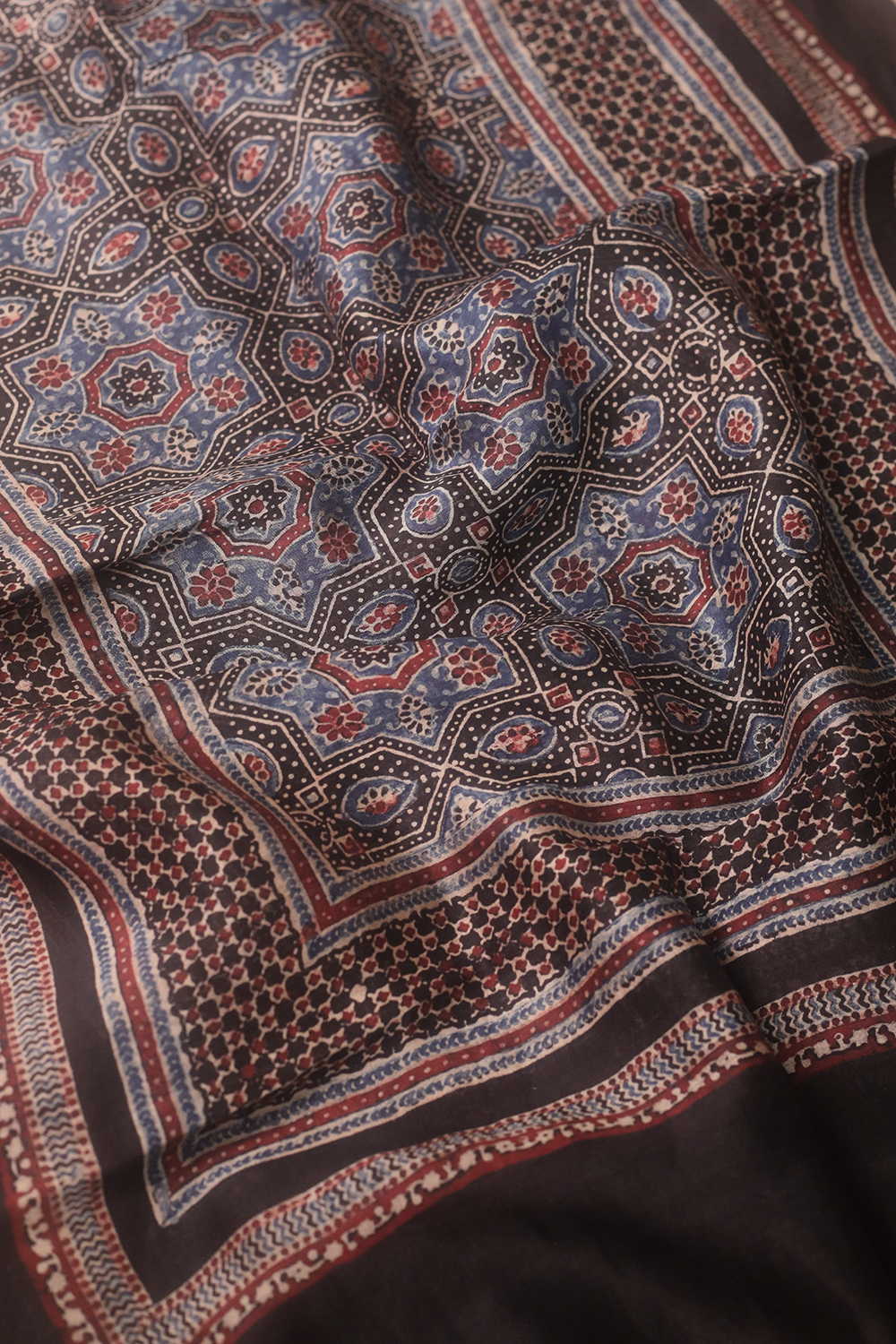 Black Pattern Ajrak Silk Cotton Stole - Image 3