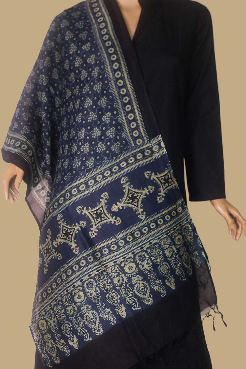Indigo Blossom Ajrak Silk Cotton Stole