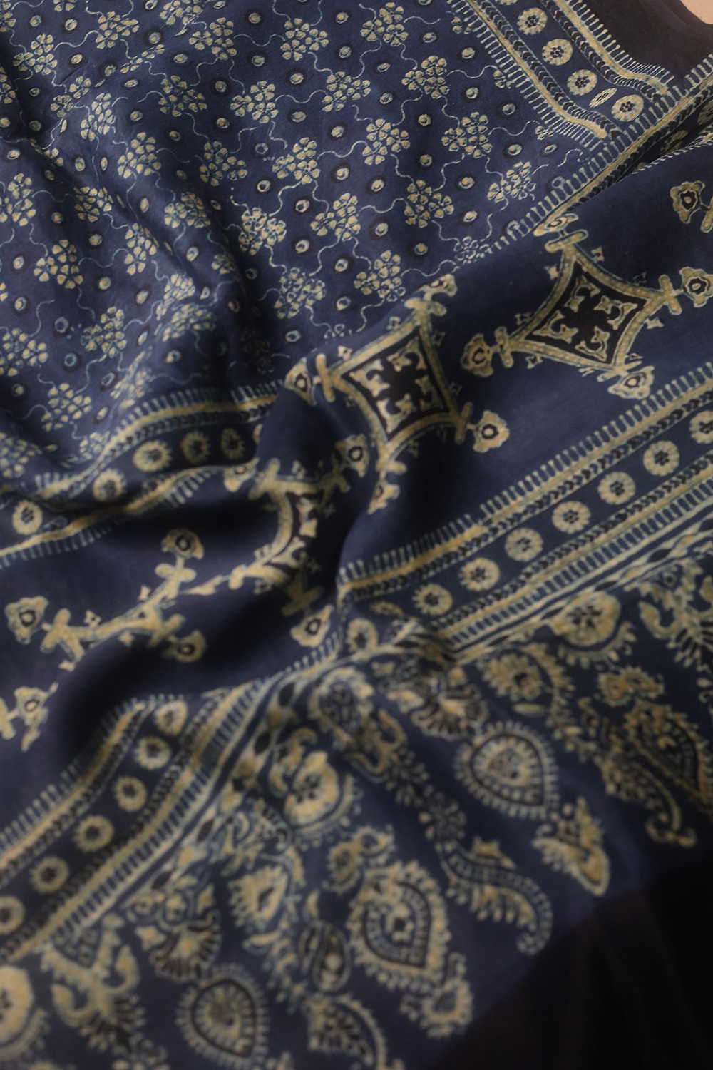 Indigo Blossom Ajrak Silk Cotton Stole - Image 3