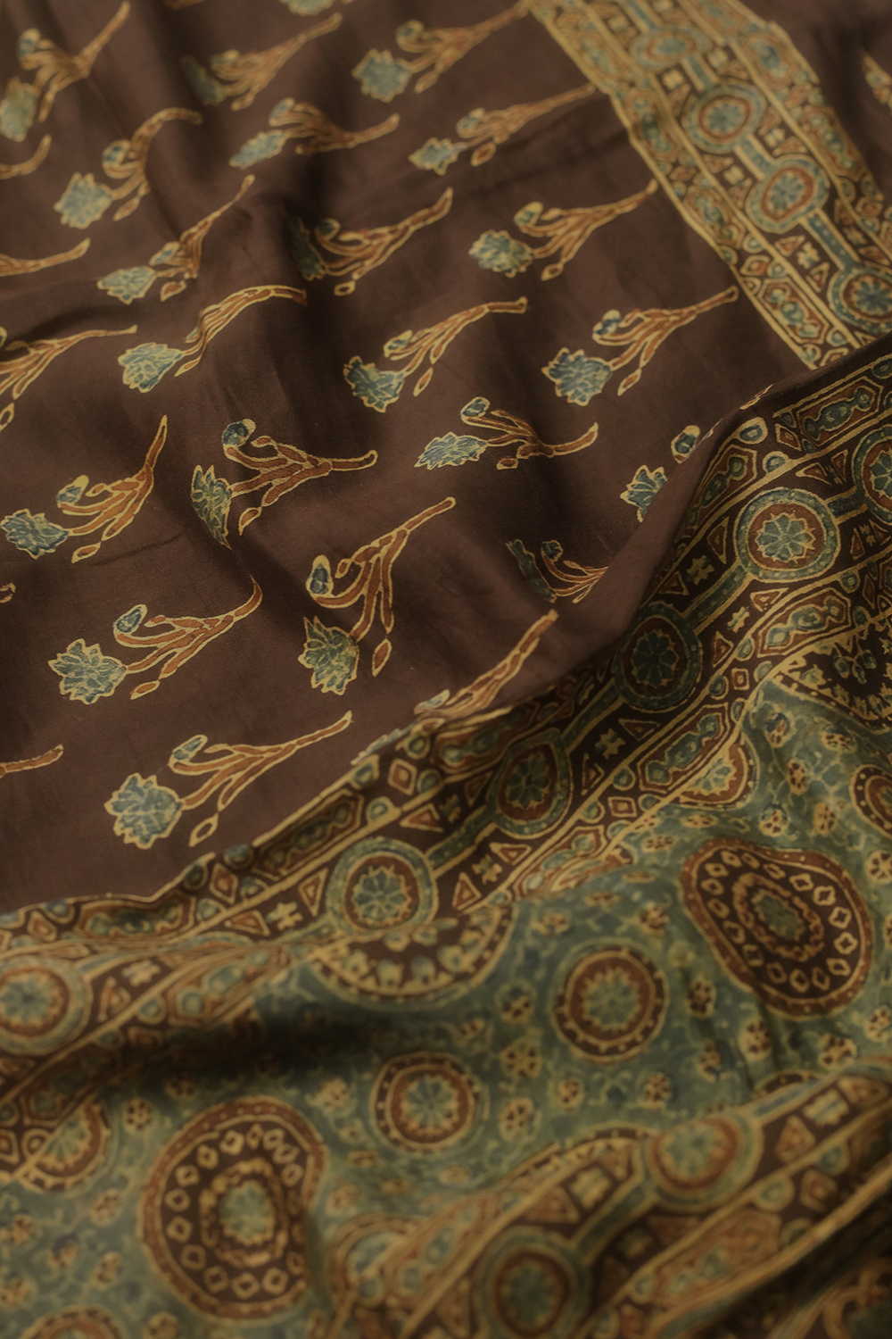 Floral Motifs on Brown Ajrak Silk Cotton Stole - Image 3