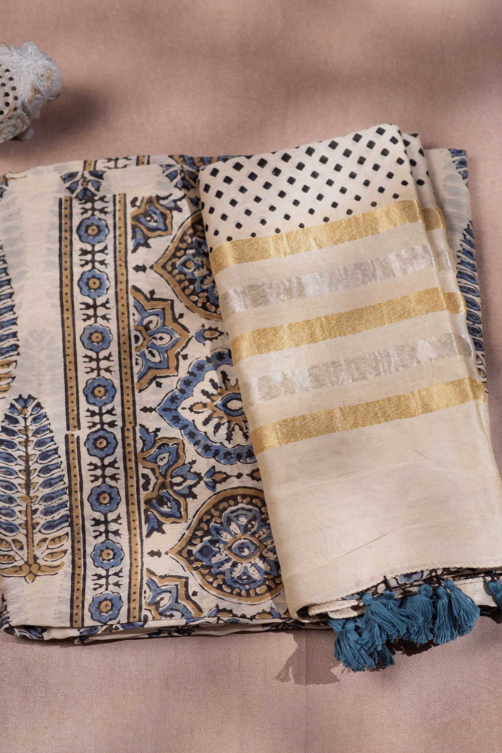 Cream - Ajrak Chanderi Silk Cotton Top & Dupatta