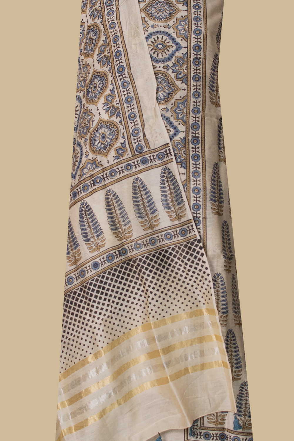 Cream - Ajrak Chanderi Silk Cotton Top & Dupatta - Image 2